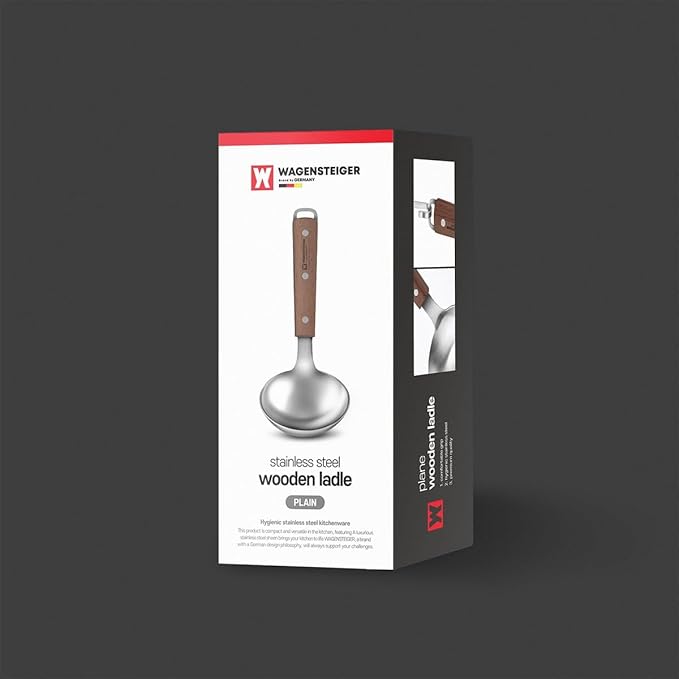 7.87" x 3.94" Short Ladle with Wooden Handle & Spout, SUS304 Stainless Steel Head, Ergonomic & Durable Design, Ideal for Serving Soup, Stews & Sauces, Comfortable Grip
