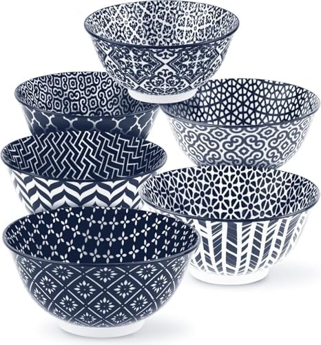 KooK Soup Bowl, Cereal Bowl, Ceramic Cereal Bowls, Microwave, Dishwasher and Freezer Safe, Porcelain Dishes for Soup, Pasta, Salad, Oatmeal, Deep Interior (White & Blue)