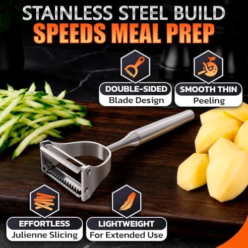 Stainless Steel Vegetable Peeler, 2-in-1 Peeler and Julienne Shredder Tool with Dual-Sided 420J2 Sharp Blade That Replaces Two Tools for Carrots, Cabbage, Potatoes, Cucumber, 5.6-Inch Ergonomic Handle