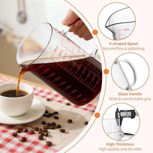 Luvan 34OZ/1000ML Glass Measuring Cup, 4 Cup Glass Measuring Cups With 3 Scales (Ml/Oz/Cup), High Borosilicate Measuring Cup With Handle and V-Shaped Spout, Dishwasher/Freezer/Microwave Safe