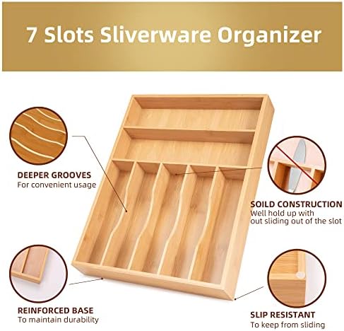 Besilord Silverware Organizer Kitchen Drawer Organizer Utensil Organizer Bamboo Silverware Holder Cutlery Organizer in Drawer Flatware Organizer Tray(7 slots, Natural