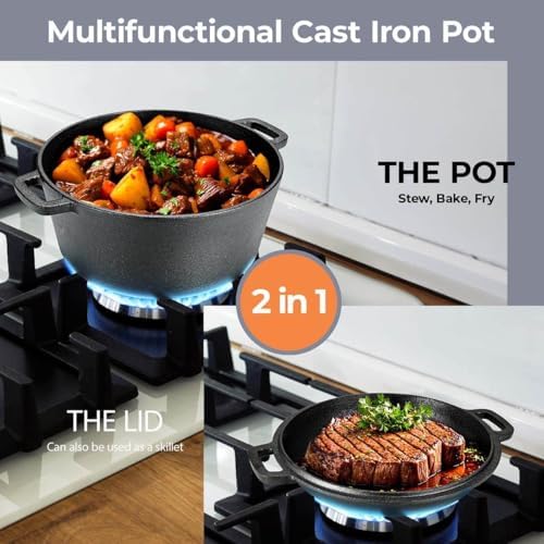 TLGREEN Cast Iron Dutch Oven 5.1QT Pot 1.9QT Skillet Lid Silicone Holders