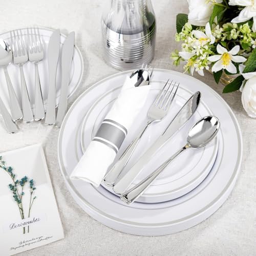 WELLIFE 350-Piece Silver Plastic Dinnerware Set - Disposable 10.25" Dinner Plates, 7.5" Dessert Plates, 9oz Silver Rim Cups & Cutlery for Weddings - 50 Guest Service - Elegant Disposable Silverware