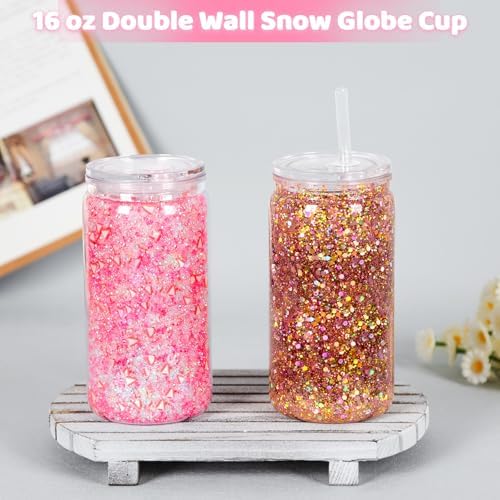 12 Pack Plastic Snow Globe Tumbler with Pre Drilled Hole, 16 Oz Double Wall Plastic Can with Lid and Straw, Mason Jar Mug for Snow Globe Glitter DIY Gift (Clear)