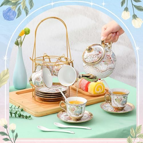 Zhehao 20 Pcs Porcelain Tea Set for Adult, with Metal Holder, Refined
