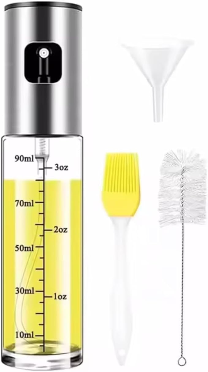 Oil Sprayer for Cooking – Glass Oil Dispenser Bottle with Stainless Steel Top, Olive Oil Sprayer, Cooking Oil Dispenser Set with Funnel, Brush & Cleaning Tool