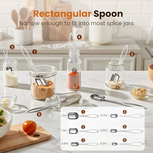 6PCS Narrow Measuring Spoons Set, Stainless Steel Measuring Spoon Fits in Spice Jars, Metal Teaspoon Measuring Spoons, Rectangular Tablespoon, Long Measuring Spoons for Dry & Liquid Ingredients