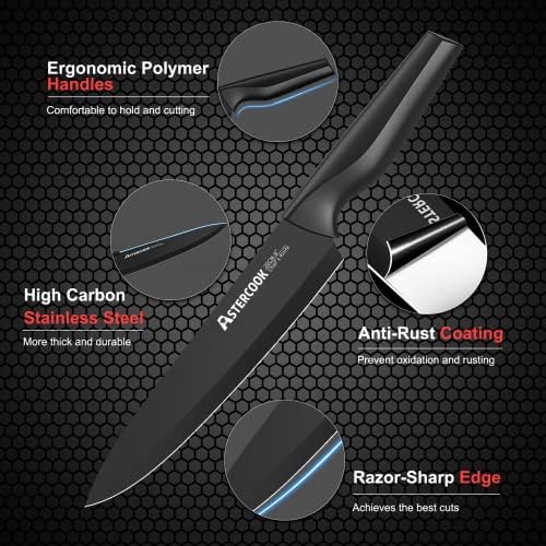 Knife Set, Astercook 21 Pieces Knife Sets for Kitchen with Block, Dishwasher Safe Kitchen Knife Set with Built-in Sharpener, German Stainless Steel Black Knife Block Set, Fathers Day Gift for Men