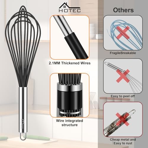 HOTEC 4 Pieces Silicone Whisks Set, Wire Balloon Whisks for cooking Egg Beater, Non-slip Handle Whisk for Non-stick Cookware Perfect for Cooking, Stirring, Beating and Blending,Black