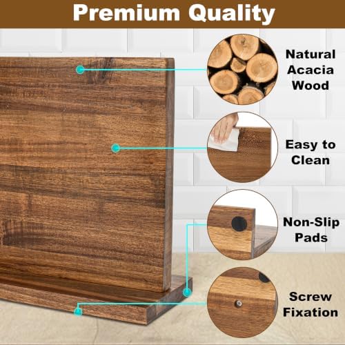 RedCall Magnetic Knife Holder, 16" Double Sided Acacia Wood Knife Block for Kitchen Counter,Strong Magnet Knife Strip for Chef Knife, Large Knife Storage with Non-Slip Base - Fits Up to 12 Knives
