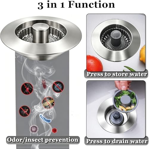 BAOLSLS 3 in 1 Kitchen Sink Stopper, Pop Up Kitchen Sink Drain Strainer