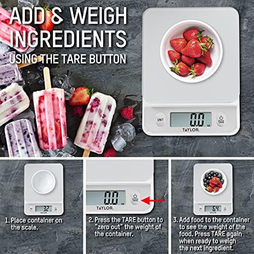 Taylor Glass Top Food Scale with Touch Controls, 11 lb Capacity, Sleek Silver Design, Accurate and Easy-to-Use Scale for Cooking and Baking
