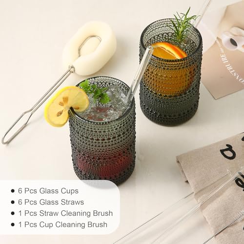 ZMOWIPDL Drinking Glasses Set of 6,15 oz Grey Hobnail Glass Cups