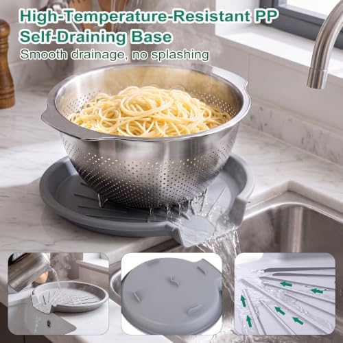 Stainless Steel Colander Set with Self-Draining Base for Edge of Sink