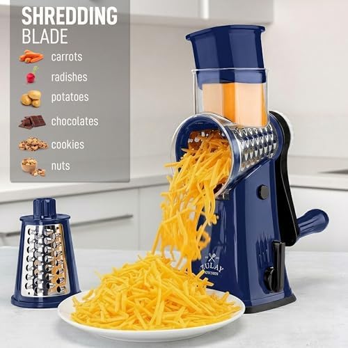 Rotary Cheese Grater Manual Hand Crank 5 Blade Shredder, Sapphire