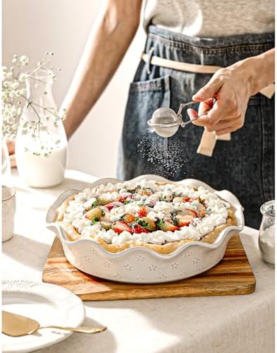 Ceramic Deep Pie Pan for Baking, 11 inch Porcelain Pie Plate for Apple Pie, Oven & Dishwasher Safe, Farmhouse Decor, 48 Ounce Deep Plate for Kitchen, Non-Stick Pie Dish, Embossed Flower
