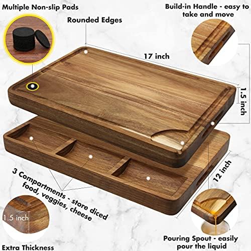 AZRHOM Large Acacia Wood Cutting Board for Kitchen 17x12x1.5 with 3 Compartments, Handles & Juice Groove, Non-Slip Mats, Thick Heavy Duty Butcher Block Charcuterie Board (Gift Box Included)