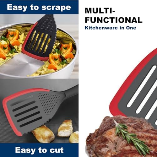 Heat-Resistant Silicone Slotted Turner with Sawtooth Edge, Multi-Purpose Kitchen Spatula for Non-Stick Pans, Cutting/Grinding Garlic, Eggs, Red