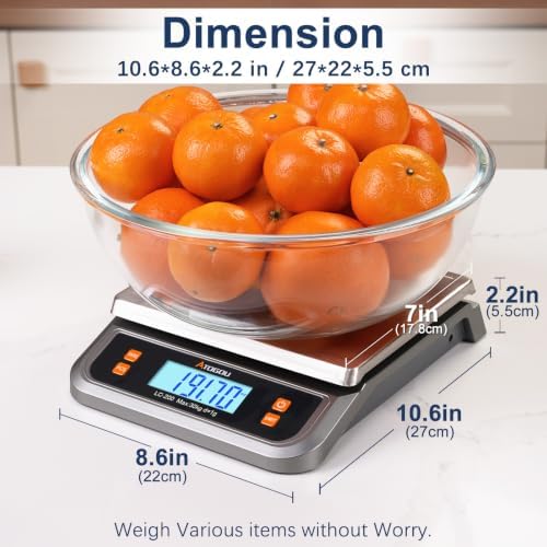 Atogou 66lb Food Scale, Commercial Kitchen Scale Plug-in Usable with Full View LCD Display, Stainless Steel, for Baking, Bread, Cooking, Meat, Vegetables, Farm, Industry LC200 Grey