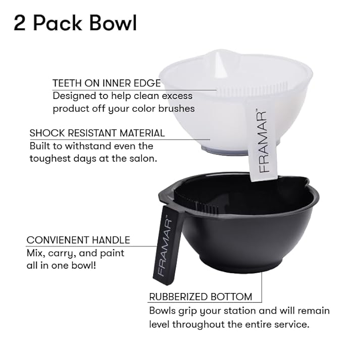 FRAMAR Color Bowl with Cleaner Set – Color Bowls For Hairstylist, Hair Dye Bowl With Brush Cleaner Reduces Waste, Non-Slip Rubber Base Prevents Spills, Easy To Clean and Reuse – 2 Pack