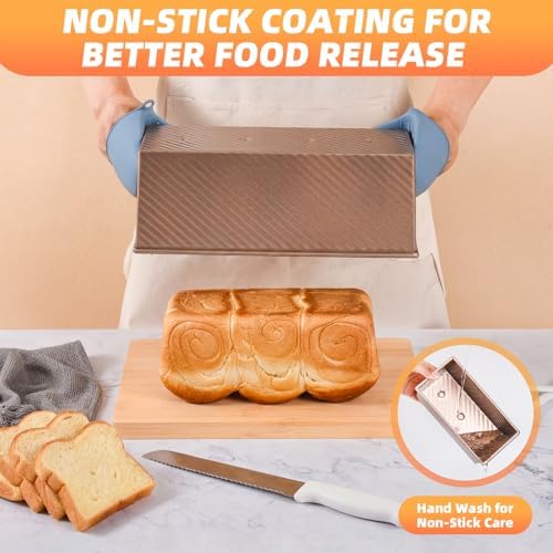 3 PCS Pullman Loaf Pan with Lid, 2.2 lb & 1 lb & 0.8 lb Dough Capacity, Nonstick Carbon Steel Sandwich Bread Pans with Covers for Homemade Sourdough Baking