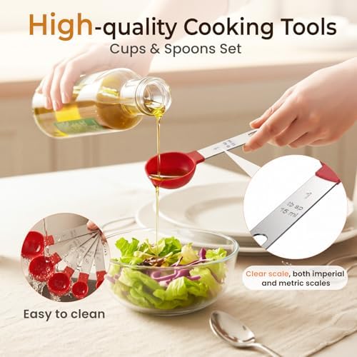 16PCS Measuring Cups and Spoons Set, Measuring Spoon Set with Metric and US Measurements, Fits for Measuring Dry and Liquid (Red)