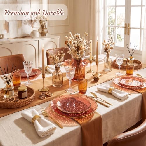 Rubtlamp 60Pcs Amber Plastic Plates - Brown Disposable Plates With Gold Rim, Clear Heavy-duty Party Plates, Hammered Plates Include 30 Dessert Platos, 30 Dinner Platos for Party