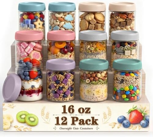 Overnight Oats Containers with Lids, Mason Jars 16 oz, Glass Storage Jars