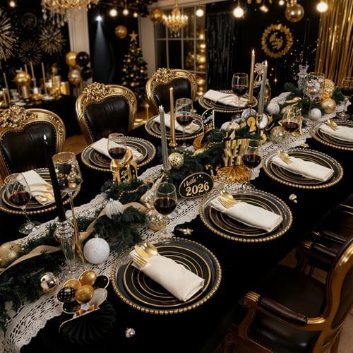 350 Pieces Black and Gold Plastic Plates with Disposable Silverware, Include 50 Dinner Plates 9”, 50 Dessert Plates 6.3”, 50 Black Cups 9 OZ, 50 Pre Rolled Napkins for New Year (Pack of 2)