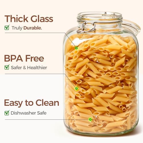 ComSaf Square Glass Pantry Jars with Airtight Lids 1.1 Gallon 2 Pack Large
