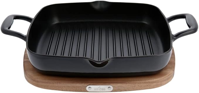 All-Clad Cast Iron Enameled Square Grill with Acacia Trivet 11 Inch Induction Oven Broiler Safe 650F Pots and Pans, Cookware Black