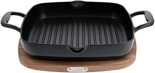 All-Clad Cast Iron Enameled Square Grill with Acacia Trivet 11 Inch Induction Oven Broiler Safe 650F Pots and Pans, Cookware Black