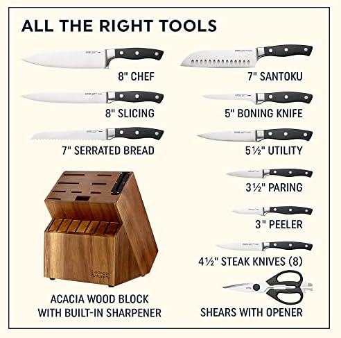Chicago Cutlery Insignia Triple Rivet Poly (18-PC) Kitchen Knife Block Set With Wooden Block & Built-In Sharpener, Black Ergonomic Handles and Sharp Stainless Steel Professional Chef Knife Set