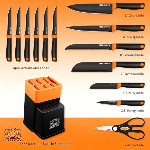 14 Pcs Kitchen Knife Block Set with Sharpener German High Carbon Stainless Steel Chef Knives, Razor-Sharp & Durable, Lightweight Anti-Slip Handle, Professional Set for Home & Kitchen (Orange)