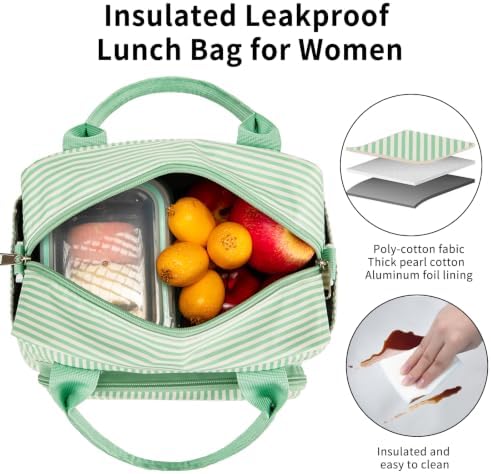 Lunch Bag Women Lunch Box for Women Adult Cute Insulated Lunch Bag Lager Cooler Lunch Tote Bags for Work Picnic (Green Stripes)