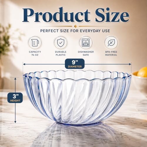 Fasmov 4 Pack Plastic Serving Bowls, Plastic Salad Mixing Bowls, 74oz Break Resistant Plastic Bowls for Salad, Fruit, Popcorn, Chip and Dip, Multicolor