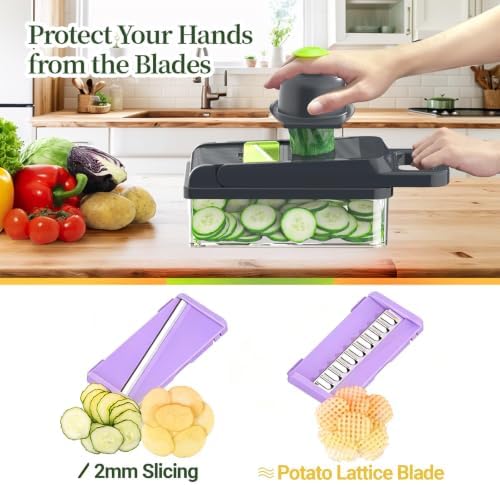 15-in-1 Vegetable Chopper 10 Blades, Veggie Cutter with Handle, Black/Purple