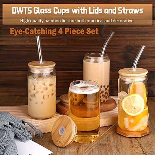 16 oz Glass Cups with Lids and Straws,Reusable Iced Coffee Cups Glass 4 Pcs