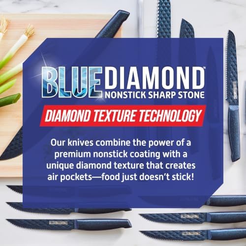 Blue Diamond Sharp Stone 14 Piece Knife Block Set, PFAS-Free Nonstick Diamond Textured Stainless Steel Blades, Rust Resistant Kitchen Cutlery, Chef & Steak Knives, Dishwasher Safe, Navy