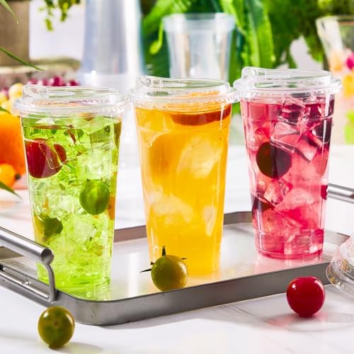 BYSNOW 100 Pack 24 oz Clear Plastic Cups with Sip Lids, Iced Coffee Cups