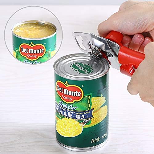 Can Opener Manual 4 in 1, Handheld Can Opener Bottle Opener Safe Cut and Smooth Edge with Ergonomic Grip Large Turn Knob Great for Seniors with Arthritis (Red)