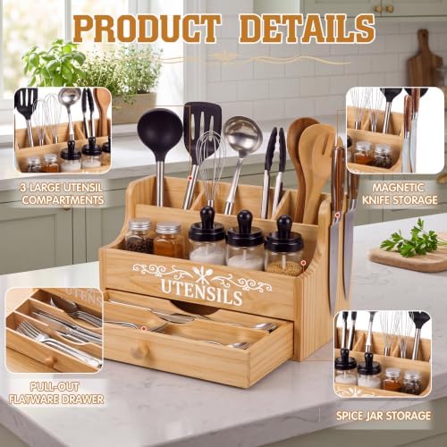 Wooden Kitchen Utensil Holder with Magnetic Knife Block, Natural