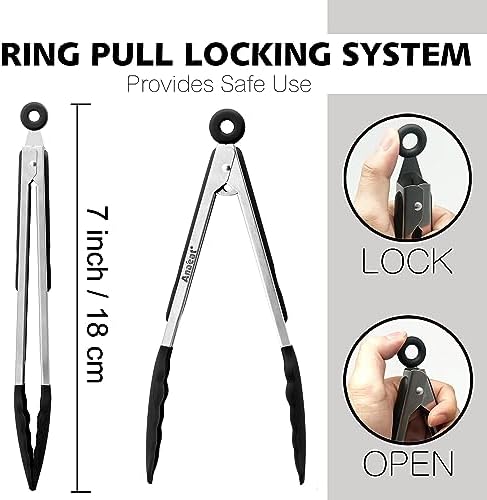 Anaeat 3 Pack 7" Mini Non-Stick Silicone Locking Tongs - Stainless Steel Kitchen Food Tong with Non-Slip Silicone Tips and Grip for Cooking, Baking and BBQ - Metal Tongs Heat Resistant up to 480°F