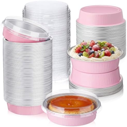 Yinder 120 Pcs 8 oz Disposable Creme Brulee Ramekins with Lids, 4 Inch Mini Pie Tins Aluminum Foil Pie Tart Cake Baking Pans Individual Round Containers Oven Safe (Light Pink)