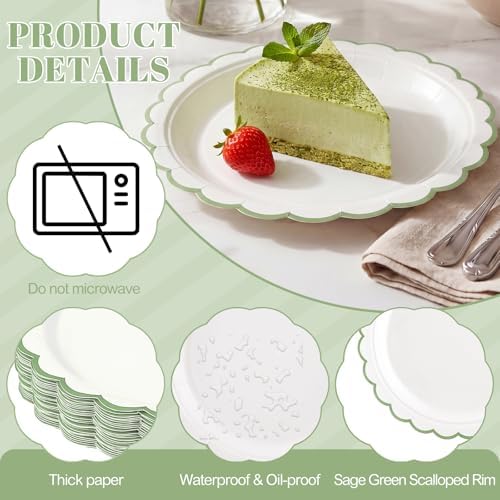 NatNarr 30 Pk Sage Green Paper Plates 9" Scalloped Green White Party Plates