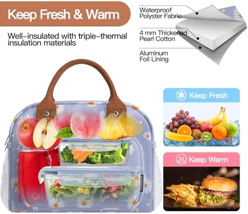 Lunch Bag for Women, Insulated Lunch Box for Women Men Work Adult, Cute Lunch Tote Large Capacity Reusable Cooler Containers for Picnic Travel Office or Beach (Blue Daisy)