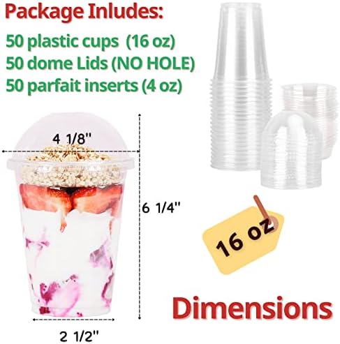 Aatriet 16 oz Clear Plastic Parfait Cups with Insert 4oz & Dome Lids No Hole - (50 Sets) Yogurt Fruit Parfait Cups for Dips and Veggies, Take Away Breakfast and Snacks. No Leaking
