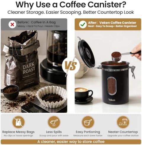 Veken Coffee Canister with Window, Airtight Stainless Steel Container, 22OZ