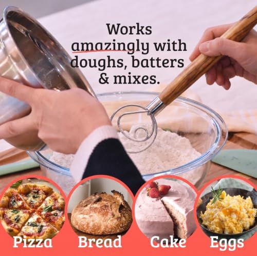 Danish Dough Whisk with Italian Olive Wood Handle, Stainless Steel Triple-Loop Coil, Ergonomic Baking Tool for Thick Dough and Batter