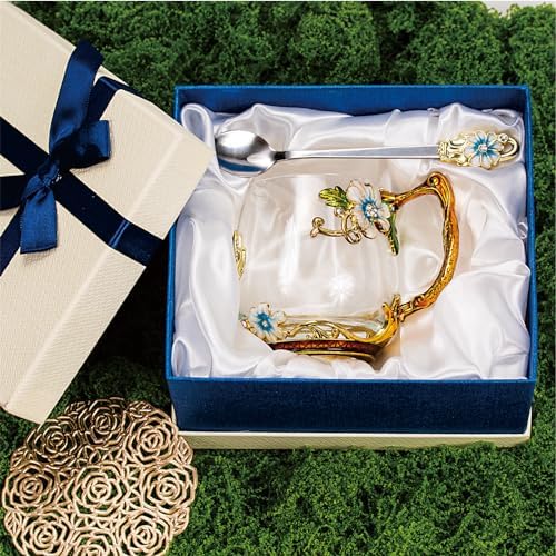 Flower Tea Cup ,Butterfly Daisy Clear Glass Fancy Coffee Mug with Spoon,Gift Box, Hot And Cold Drinks Use,For Her Mom Wife Grandma Girls Friends Valentines Christmas Birthday Present Idea for Juice